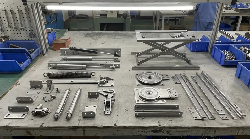 Coffee table lift-top mechanism showing spring assembly and pivot components