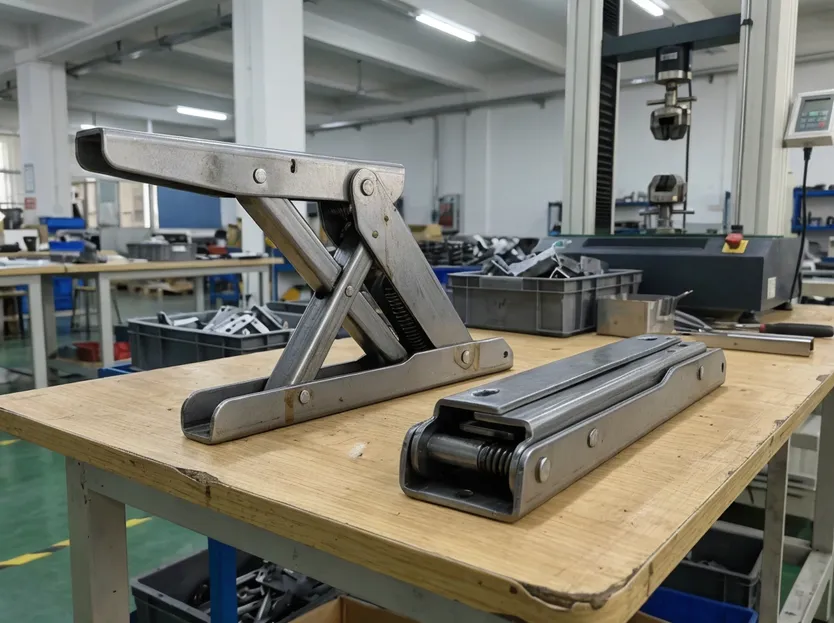 Folding leg bracket system for coffee table — 2.0mm cold-rolled steel, 3x load tested