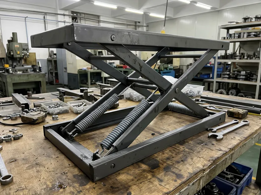 Lift-top coffee table mechanism showing spring assembly and arm geometry