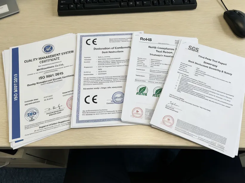 CE, RoHS, and ISO 9001:2015 certification documentation for desk mechanisms