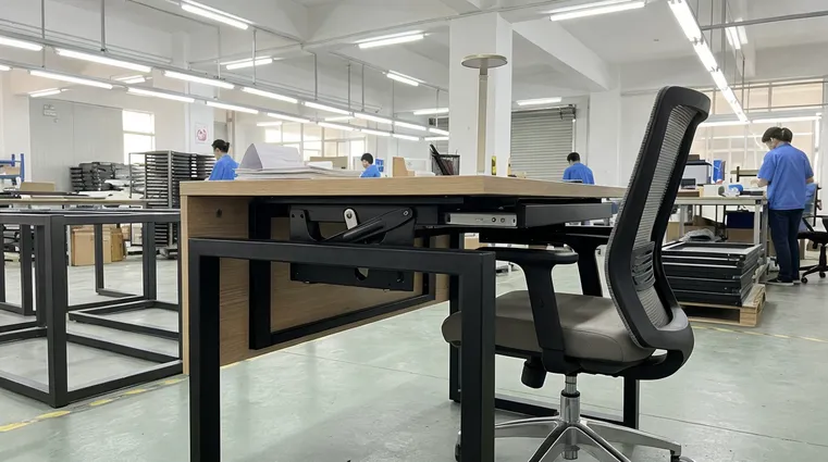 Hotel room writing desk and co-working space workstation with commercial-grade desk mechanism