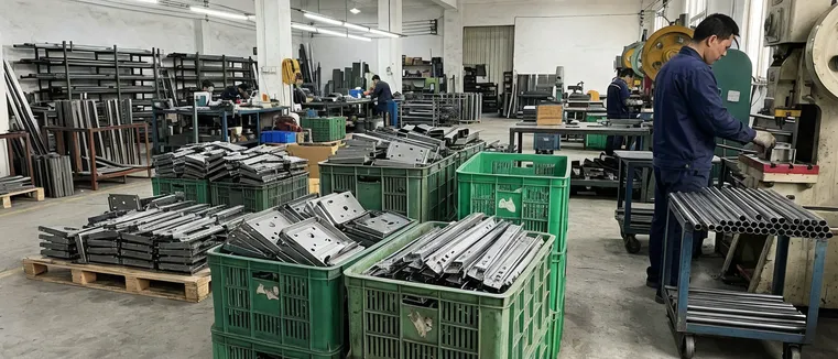 Office furniture manufacturing environment with desk mechanism components