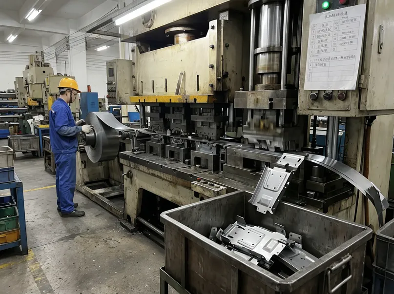 Progressive stamping press line forming desk mechanism bracket bodies