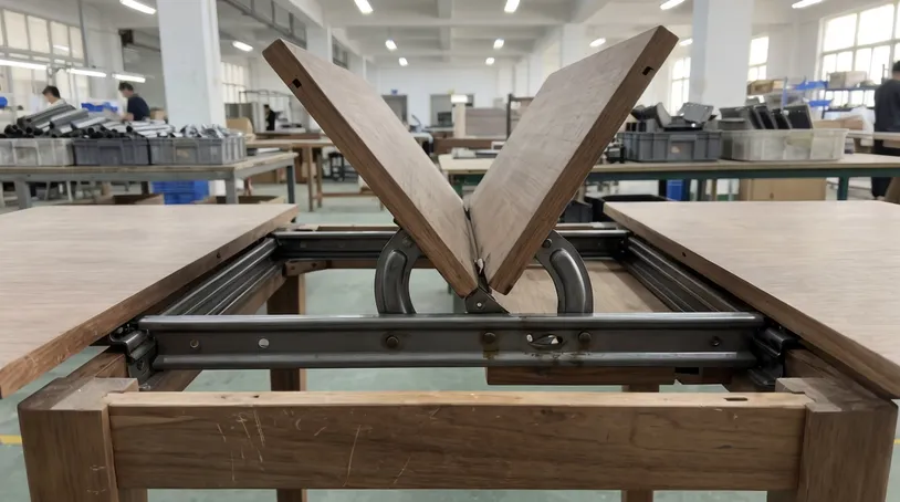 Butterfly leaf extension mechanism showing guide rails and leaf hinge geometry