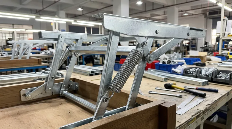 Lift-top table mechanism showing pivot and spring assembly