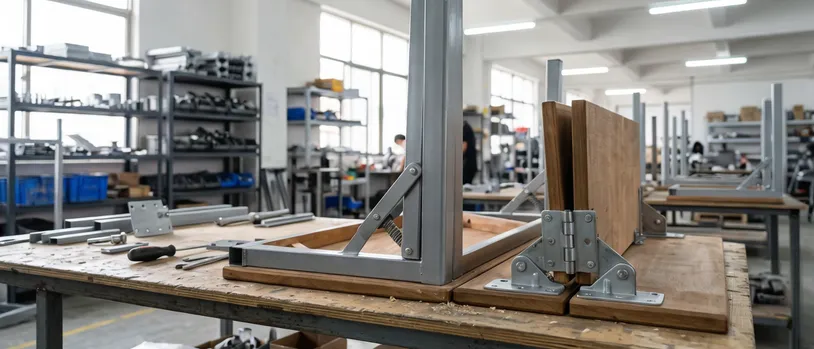 Folding leg bracket and table hinge for outdoor and garden furniture