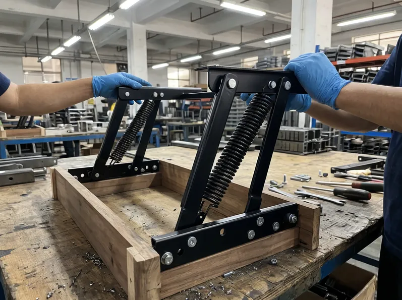 Lift top furniture mechanism assembly showing spring and pivot hardware