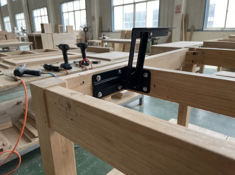 Lift-top mechanism bolt-on installation showing four mounting points on table base frame