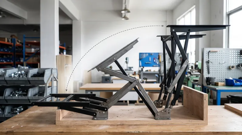 Lift top mechanism showing full motion arc from resting to elevated position