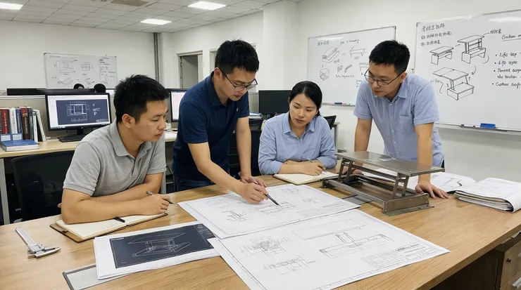 MVMHardware engineering team reviewing lift-top mechanism ODM design drawings