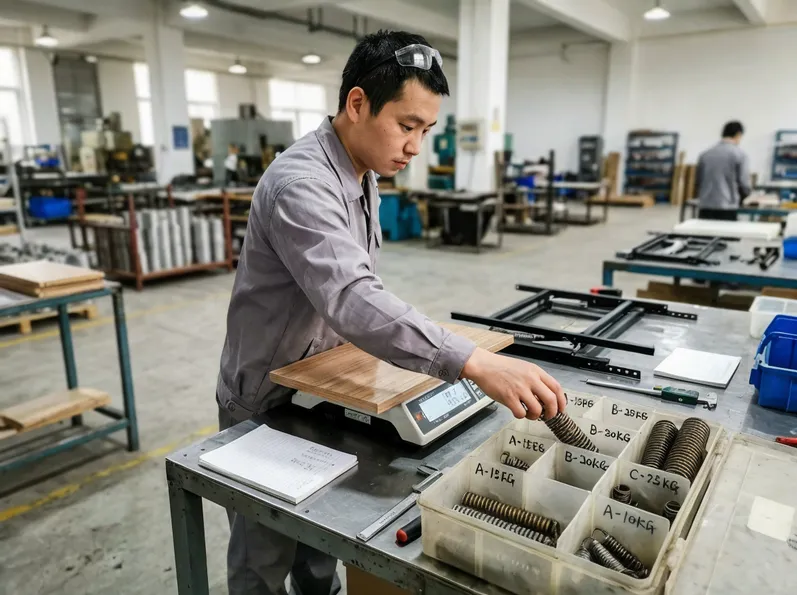 Spring rate matching process showing tabletop weight measurement and spring selection